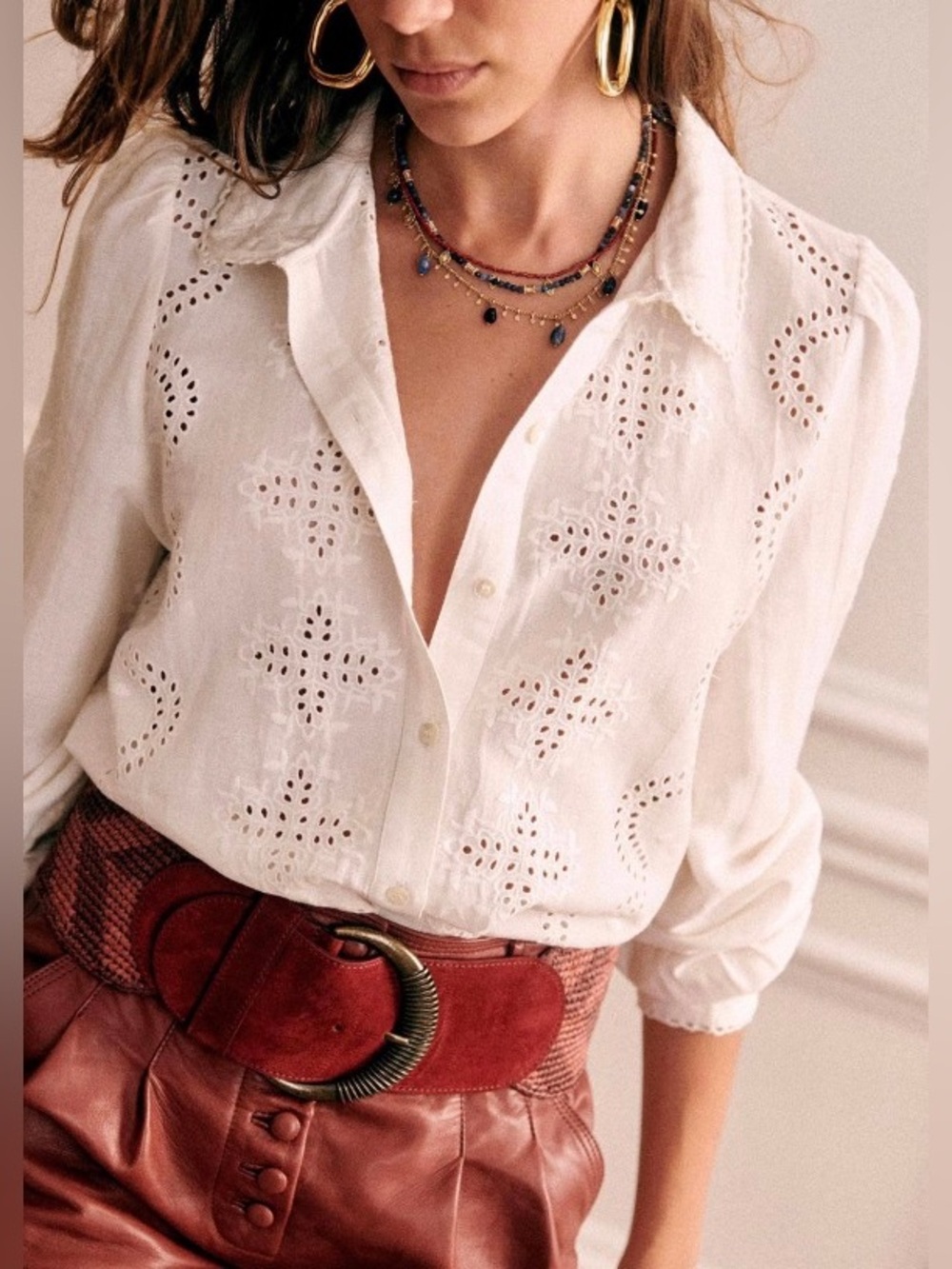 SEZANE Ponnie Embroidered Eyelet Button Front Shirt Ecru Ivory Off-White Top